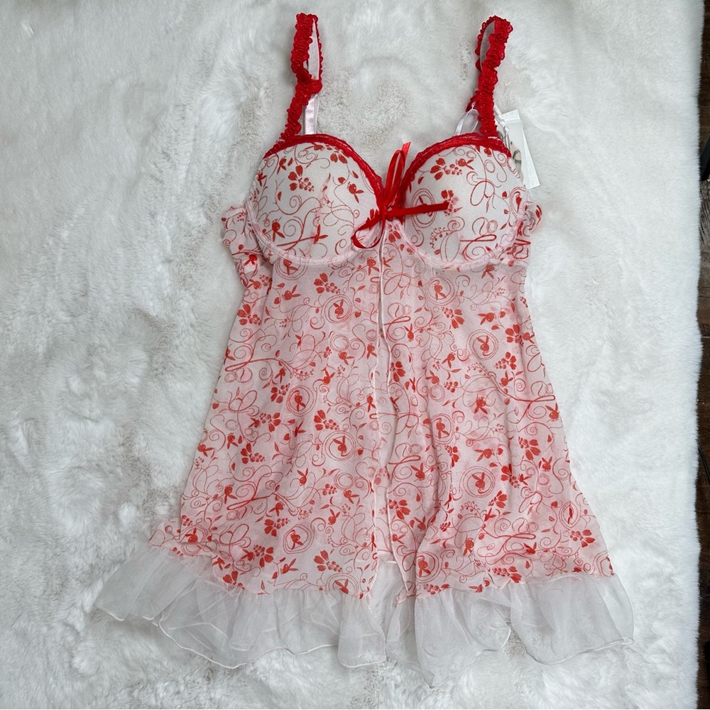 PLAYBOY Red and White Floral Lace Bra